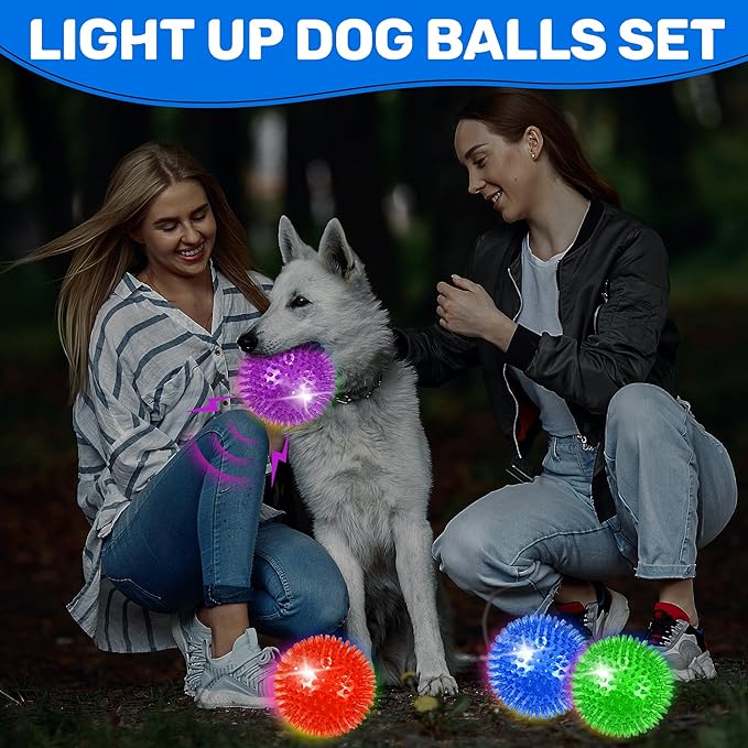 4 Pack 4.5" Light Up Squeaky Dog Balls, Spiky Dog Toy Balls for Medium Large Dogs