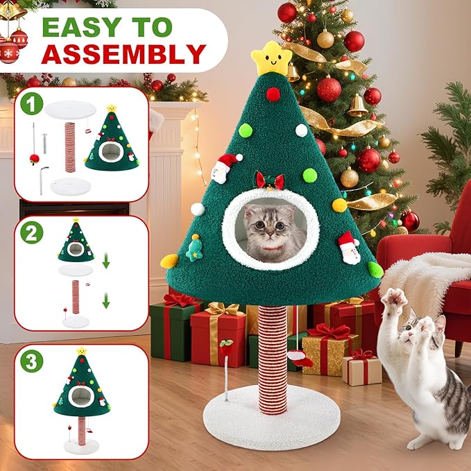36.6 Inch Christmas Cat Tower with Cat Scratching Post and Green House Scratcher Tall Tree Tower Nature Sisal Christmas Tree Scratcher Activity Center Play Condo for Indoor