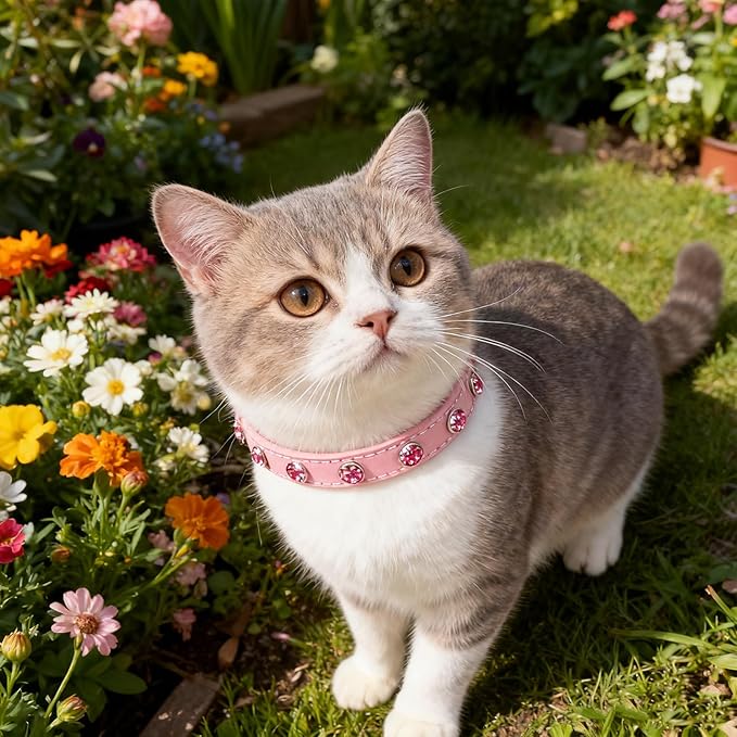 EXPAWLORER Leather Cat Collar for Girl Boy- Adjustable Pet Collar with Safety Elastic Belt,Personalized Rhinestone Accessories Buckle Collars with Bell & Durable D-Ring,Rhinestone (Pink)