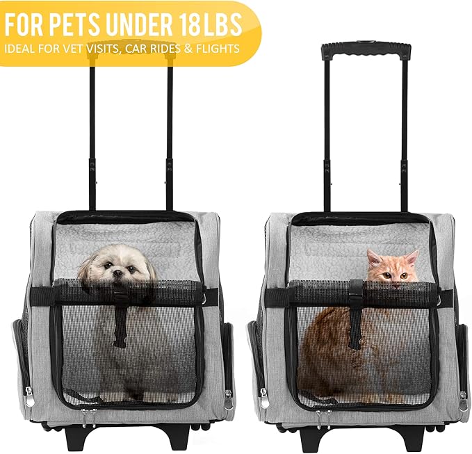 KOPEKS Deluxe Backpack Pet Travel Carrier with Double Wheels for Pets up to 18 Pounds - Grey