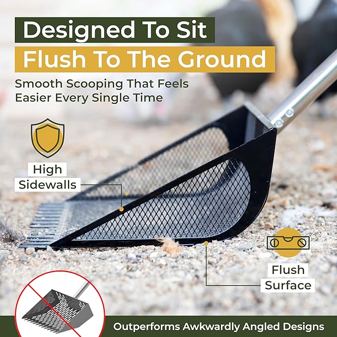 2-in-1 Chicken Coop Poop Scooper and Rake - Metal Sand Sifting Litter Scoop Shovel with Angled Basket and Micro-Sized Diamond Mesh to Catch The Smallest Farm Animal Droppings - Adjustable 12" to 53"