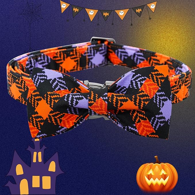 Halloween Dog Collar, Pet Collar Bow Plaid Puppy Collars Girl Boy Holiday Pet Collar Gift Bow Dog Collar Cute Soft Puppy Collar for Medium Dogs