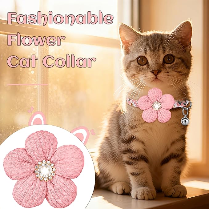 Cat Collar, HYQHYX Breakaway Kitten Collar with Flower,Rhinestone Kitty Collar with Bell, Floral Pet Collar with Safety Buckle for Cats and Puppy Dog