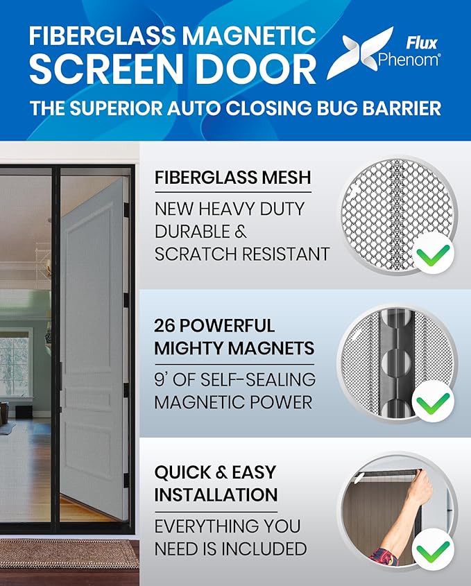 Flux Phenom Upgraded Magnetic Screen Door - Bugs Out, Breeze in - 9min Install Auto-Sealing Heavy Duty Double Stitched Mesh, 52 Magnets, Hands Free Patio Doors Net, Pet & Kid Friendly, 38 x 82 Inch