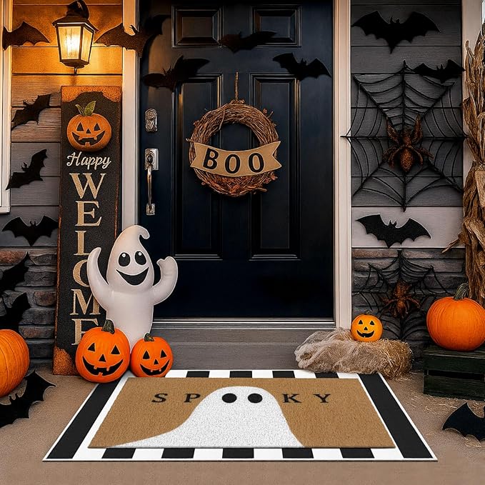 Tinideya 2 Pcs Door Mat Welcome Non Slip Coir Mats Floor Layering Doormats Seasonal for Front Porch Entryway Decor(Spooky Ghost)