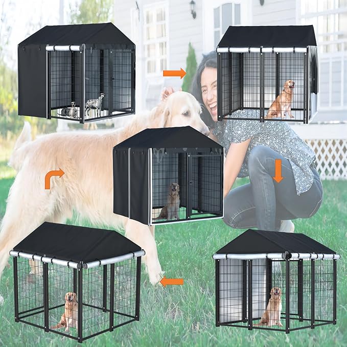 Outdoor Dog Kennel Cover,Full Coverage for 4.2'Dx4.2'Wx4.5'H Dog Cages,600d Heavy Duty Waterproof Large Dog Kennel Cover,(Cover Only) Black