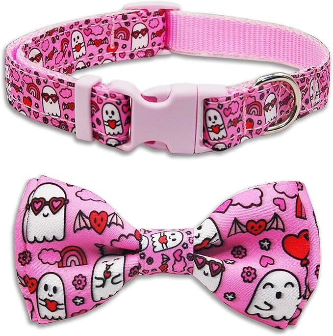 Valentine’s Day Dog Collar Adjustable Puppy Collar with Pink Heart and Flowers Pattern, Cute Pet Accessories for Small Medium Large Dogs