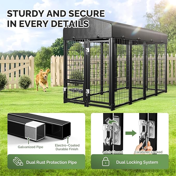 Sino Luban Outdoor Dog Kennel Outside Run with Doggy Door, Swivel Feeder&Roof - 8x4x6FT Large Dog Kennels Pens Outside for Large Dogs Breed- Heavy Duty Cage Yard (Can Connect to Your Dog House)