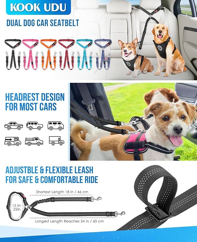 Dog Seat Belt for Car, Dual Pet Vehicle Headrest Restraint Safety Seatbelt,Two Dog Leash No Tangle Dog Car Leash Seat Belt,Duty Adjust Elastic Connect Harness in Vehicle Travel (Blue)
