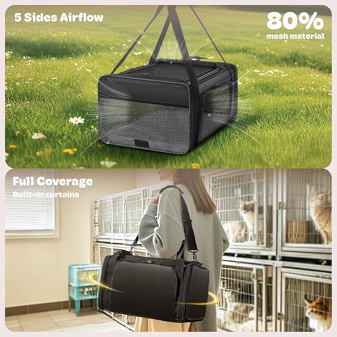 Top and 2 Sides Expandable Cat Carrier 18x13.5x9.5, TSA Airline Approved Dog Carriers for Small Dogs, Soft-Sided Pet Carrier with Self-Locking Zippers for Kitten,Rabbit, Puppy, Guinea Pig Black
