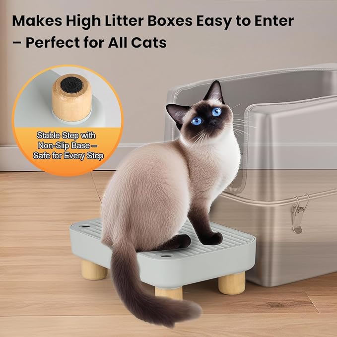 Litter Box Step, Litter Box Ramp/Catcher with Wooden Base, Anti-Tracking & Easy to Clean, Ideal for Small & Elderly Cats (Grey)