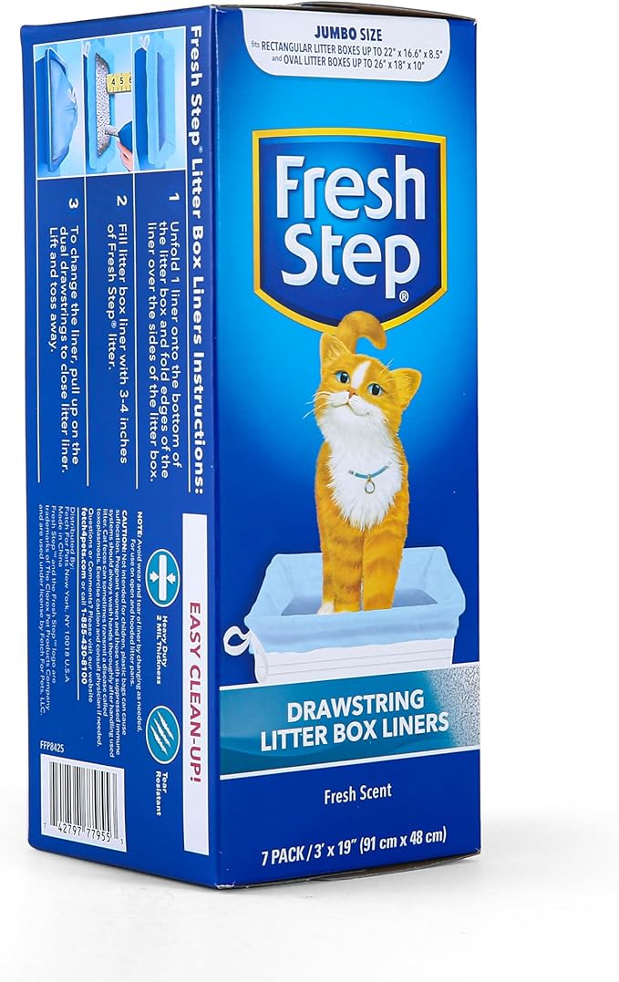 Fresh Step Jumbo Drawstring Cat Litter Box Liners, Scented Heavy Duty Kitty Litter Bags for X-Large Oval or Rectangle Pans, Helps Contain Mess for Easy Lift Out Cleanup, 36 x 19 in, 7 Count