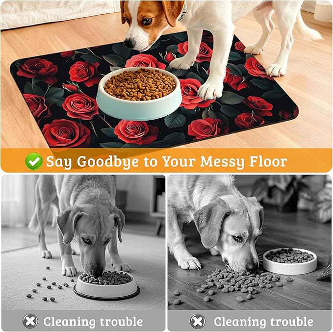 Retro Rose Feeding Mat,Green Leaf Absorbent Quick-Dry Cat Dog Food and Water Bowl Mats,Non-Slip Rubber Backing Mat,Cat Dog Accessories Supplies 16" x 24"