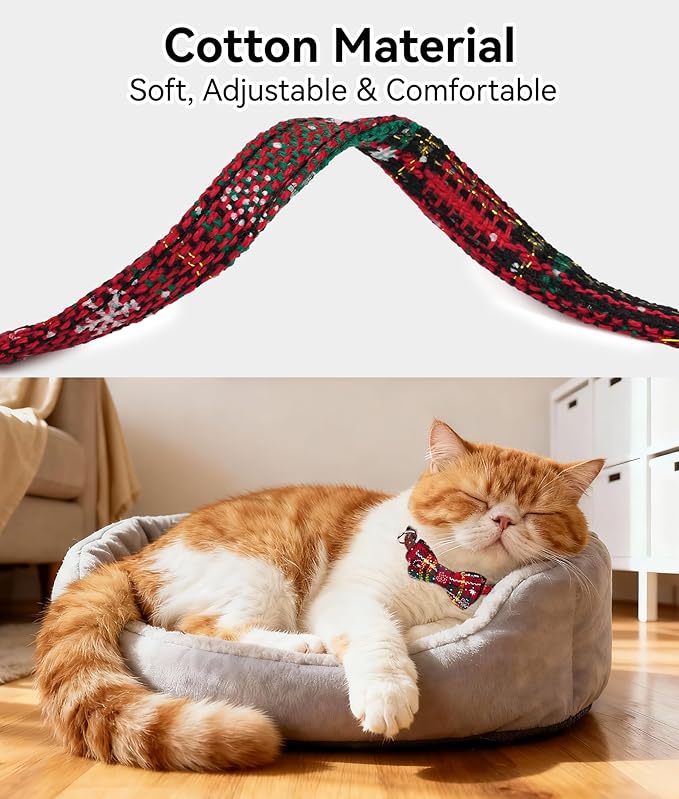 Joytale 2 Pack Christmas Cat Collar with Bells, Breakaway Cat Collars with Bow Tie, Girl Boy Safety Plaid Kitten Collars, Christmas Red+Green