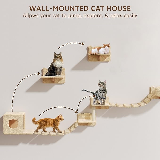 9-in-1 Cat Wall Shelves, Wall Mounted Cats Furniture Set with Plush Fabric, Cat Climbing Wall Systems, Cats Shelf Furniture with Condos, House, Steps, Bridge Ladder, Scratching Post, Beige