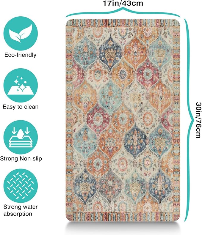 Moroccan Trellis Dog Food & Water Mat, Mexican Talavera Boho Colorful Pet Feeding Mat for Floor Non-Slip Waterproof, Super Absorbent Cat Bowl Mat, Easy to Clean Durable Pet Placemat,17" × 30"