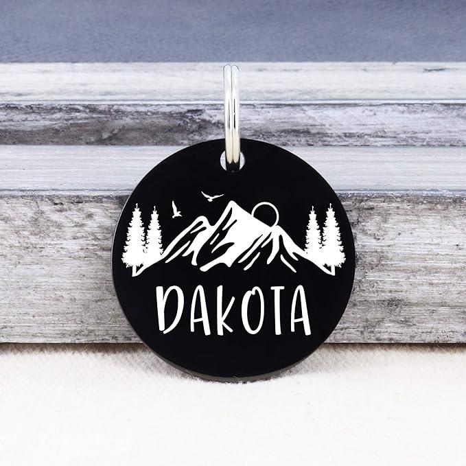 Ultra Joys Stainless Steel Pet ID Tag Dog Name Tags Personalized Front and Back Engraving, Customized Dog Tags and Cat Tags, Optional Engraved on Both Sides, Round Tag w/Mountain on Top Design, Small