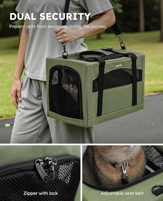 Pecute Cat Carrier Stable, Pet Carrier with Hidden Anxiety Relief Partition & Stable Steel Frame, Safe Cat Carrier for Car Travel, Soft-Sided Dog/Cat Carrier Bag for Pets Up to 11lbs, Green