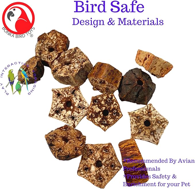 Bonka Bird Toys 3893 Natural Mahogany Sliced Pods Chew Toys, Pack of 12, Durable Bird-Safe Foot Toys, Pre-Drilled for Parrots, Cockatiels, and Small to Medium-Sized Birds, Cage Accessories