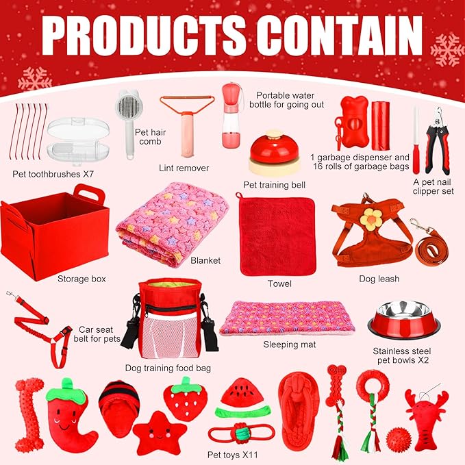 Abbylike 50 Pcs Puppy Supplies Starter Kit for Small Dogs Puppy Essentials Includes Leash, Bowls, Teeth Brushes, Water Bottle, and More Accessories for Dogs Pet Day Welcome Gift(Red)