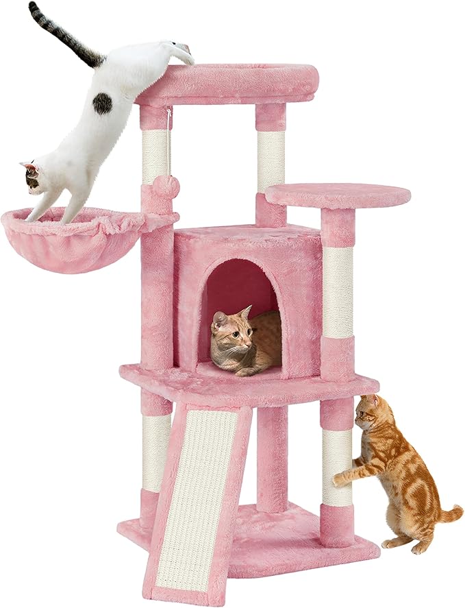 Yaheetech Cat Tree, 42in Play Tower for Indoor Cats, Kitten House with Large Perch & Scratching Posts & Cozy Condo & Scratching Ramp, Cat Furniture Activity Center, Pink