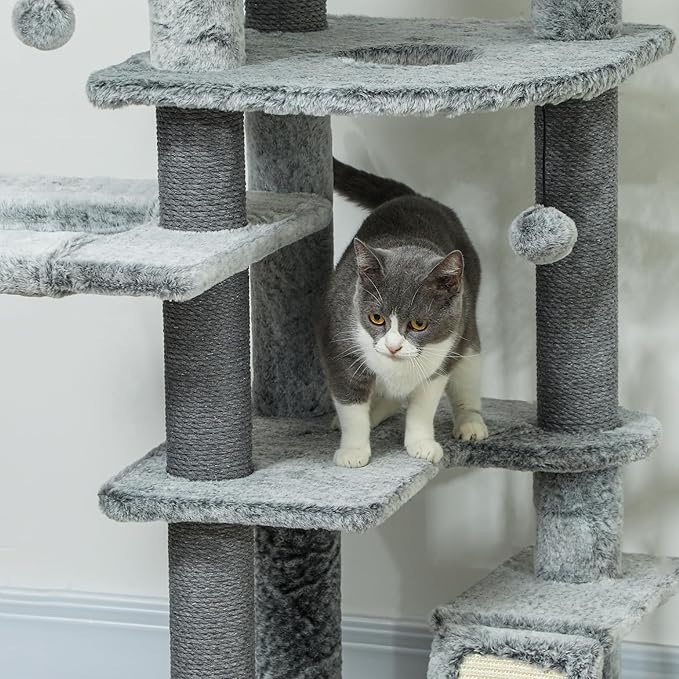 PawHut Floor to Ceiling Cat Tree, 89"-100" Adjustable Height Cat Climbing Tower Activity Center for Indoor Cats with Cat Perch, Condo, Hammocks, Scratching Posts & Ramp, Gray