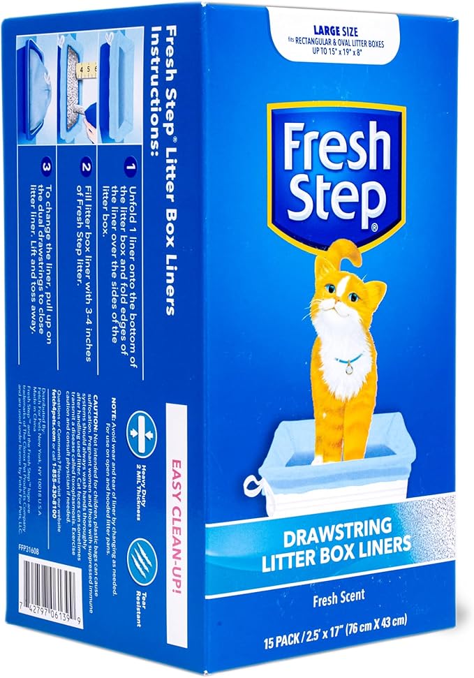 Fresh Step Drawstring Cat Litter Box Liners, Scented Heavy Duty Kitty Litter Bags for Large Oval or Rectangle Pans, Helps Contain Odor and Mess, Easy Lift Out Cleanup, 30 x 17 in, 15 Count - 12 Pack