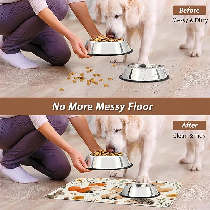 Fox Hedgehog Rabbit Forest Dog Cat Food Mat,Absorbent Pet Feeding Mat with Rubber Backing,Non-Slip Water Bowl Placemat,Indoor Pet Accessories Supplies 12"x20"