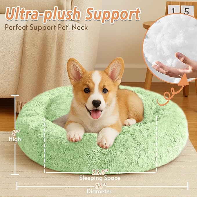JOLLYVOGUE Calming Dog Bed Large Size Dog, Anti-Anxiety Donut Large Pet Bed, 36 inches Fluffy Faux Fur Round Cat Bed, Fits up to 75 lbs Pets (Light Green)