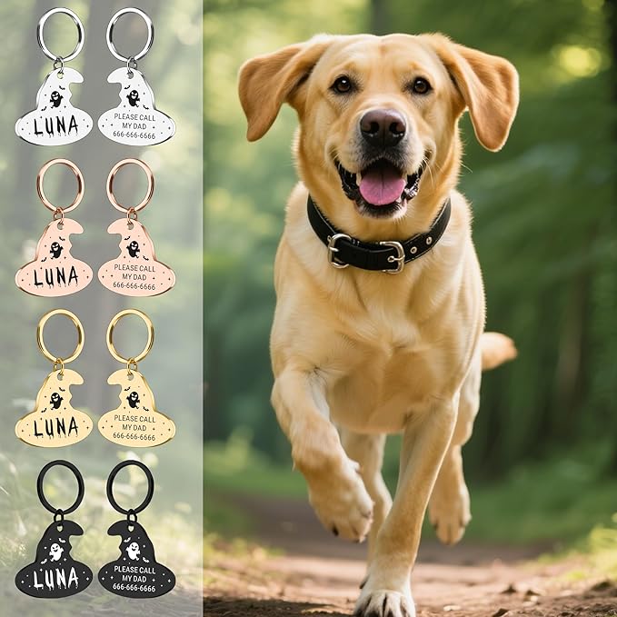 Custom Magic Hat Pet ID Tag for Dogs Cats, Personalized Engraved Name & Phone Number Anti-Lost Collar Tag, Halloween Spooky Accessory Gift for Dog Mom Owner, Witch-Friendly Cat Dog Tag for Pet Lovers
