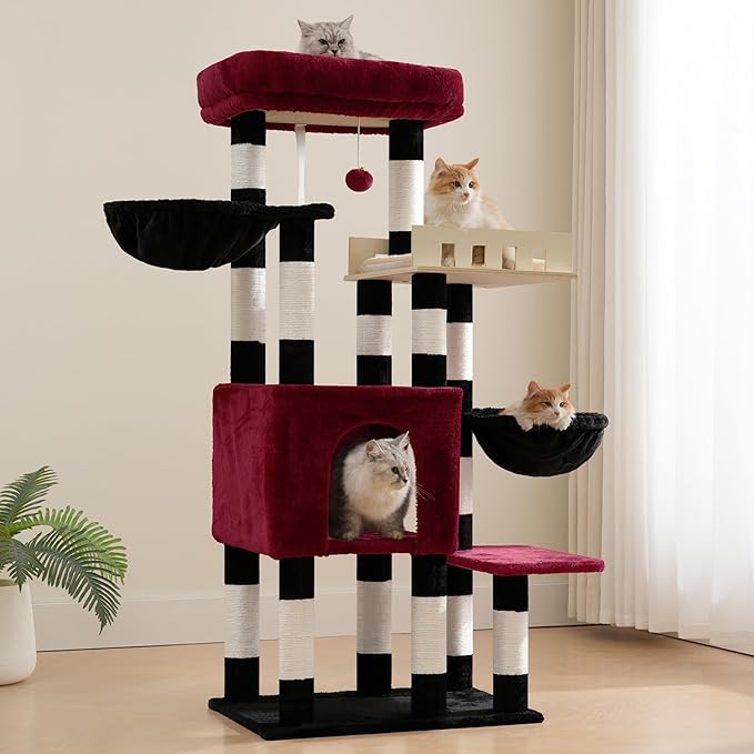 Cat Tree for Indoor Cats Large Adult, Heavy Duty Cat Tree for Large Cats 20 lbs+, Cat Condo with Big Wooden Perch, Cat Tower with 14 Scratching Posts, Hammock, Black GCT023BR