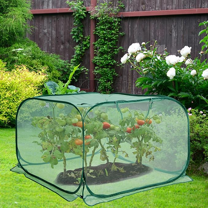 2 Pcs Pop Up Mesh Plant Cover, 35" x 35" x 27.5" Foldable Plant Protector Mesh Plant Enclosure, Garden Net Cage Guard Cover with 8 Ground Stakes for Protecting Plant Vegetable Fruit from Birds Insects