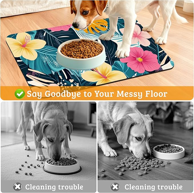 Tropical Palm Dog Food Mat,Exotic Leaves Floral Absorbent Pet Feeding Mat for Food and Water Bowl,Quick Dry Dog Placemat Non Slip Rubber Backing Waterproof Pet Supplies 12" x 20"