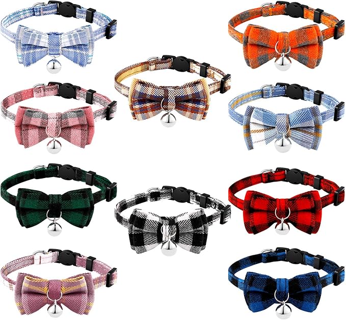 Weewooday 10 Pcs Breakaway Cat Collar with Bow Tie and Bell, Kitten Collar for Cat, Adjustable Cute Plaid Safety Kitty Collars for Birthday Pet Christmas Party Supplies, 10 Styles