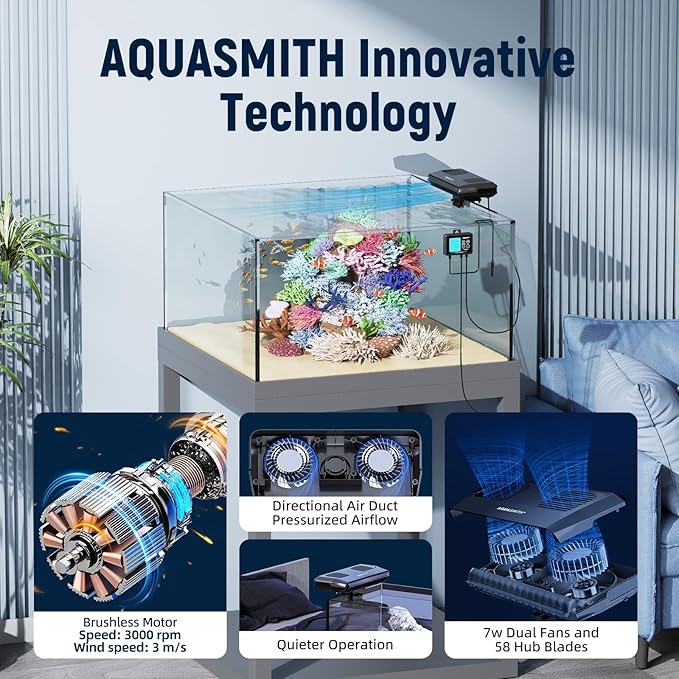 Aquarium Chiller Fan,Fish Tank Cooler with Temperature Control,Minimum Setting 59℉,Auto Start/Stop,Refrigeration Effect 3-7℉,3-Speed Modes,for Axolotl Seawater Freshwater Coral Grass Tank