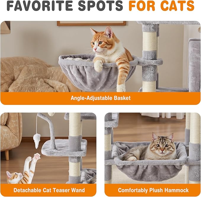 Large Cat Tree 71 Inch, Multi-Level Tall Cat Tree Tower with Condo, Perches, Sisal Scratching Posts and Hammock, Pet Play House with Dangling Balls for Indoor Cats, Light Grey