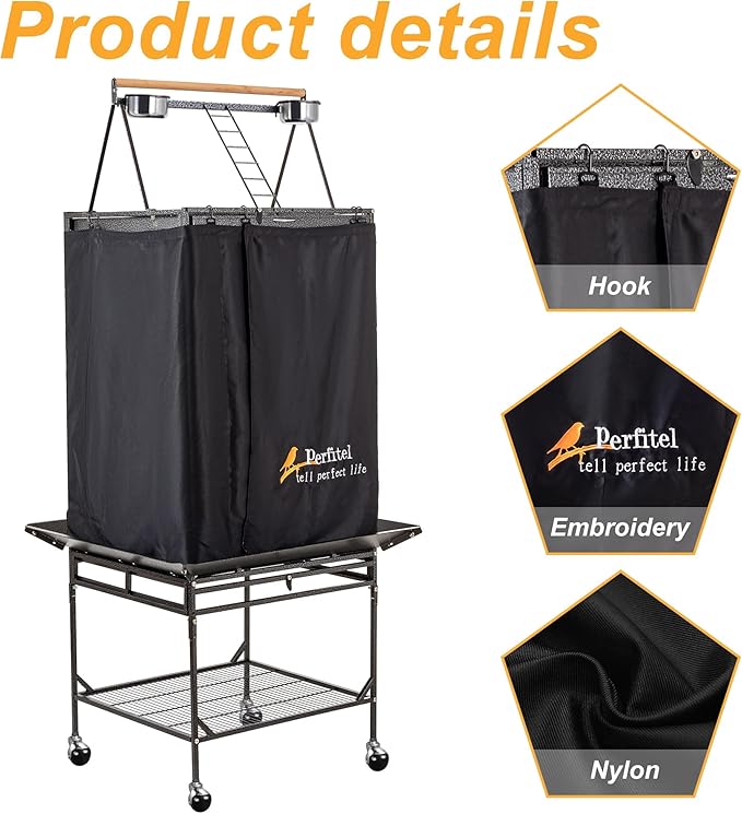 Bird Cage Cover(Black) Good Night Birdcage Cover Black-Out Birdcage Cover Durable Breathable Washable Material… (68 inch)