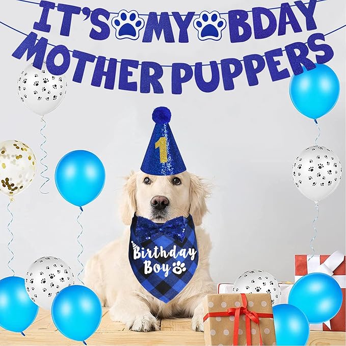 Dog Birthday Party Supplies, Multi Sizes Dog Birthday Hat with Numbers Bandana Bow Tie It’s My Bday Mother Puppers Sign Banner for Large X-Large Dogs Pets (X-Large, Blue)
