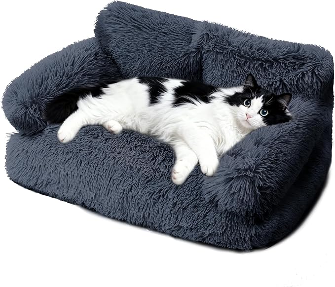 Cat Beds for Indoor Cats, Dog Couch Bed, Cute Cat Couch Sofas, Small Dog Sofas & Chairs with Removable Washable Cover, Warm Soft Pet Furniture for 20lbs Small Dog & Cat, Plush Dark Grey