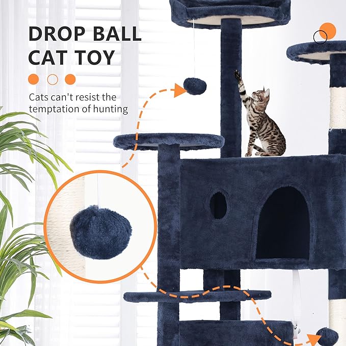 BestPet | 70" Cat Tree Tower | Navy Blue | Sturdy, Easy to Assemble, Multi-Level Activity Center with Sisal Scratching Posts, Condos, Perches, Hanging Cat Toys, Observation Decks & Ladder