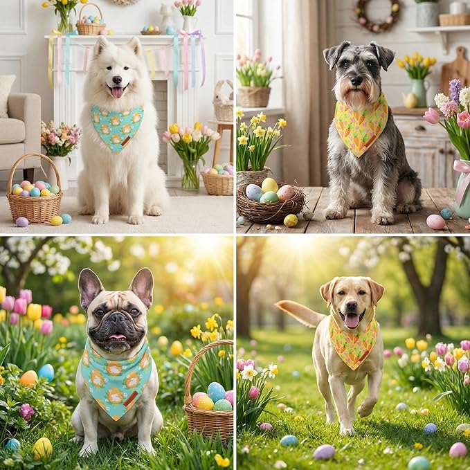 ADOGGYGO Easter Dog Bandana 2 Pack, Bunny Egg Carrot Print Pet Scarf Bib, Adjustable Fit Green Yellow Easter Bandanas for Medium Large Dogs (Large)