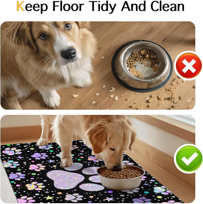 Pet Feedings Mats 20x12 inch Glitter Paw Print Pet Bowl Placemat Non Slip Mat for Cats and Dog Food and Water Indoor Feeding Station Cute Pet Meal Mat for Small Pets Kitchen Floor Use