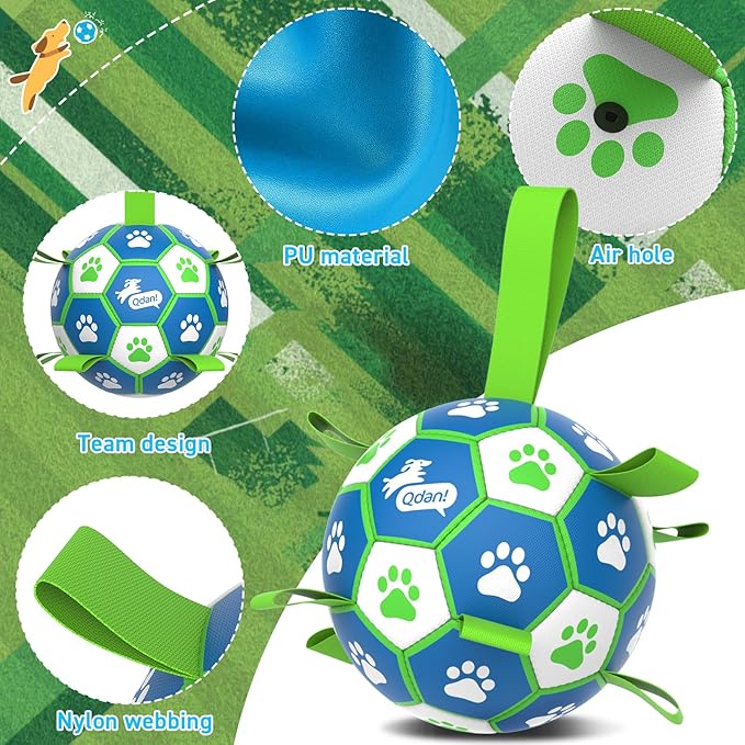 QDAN Dog Toy Balls, Dog Soccer Ball with Straps, Outdoor Dog Toys, Pet Training Soccer for Medium Large (6 Inch)