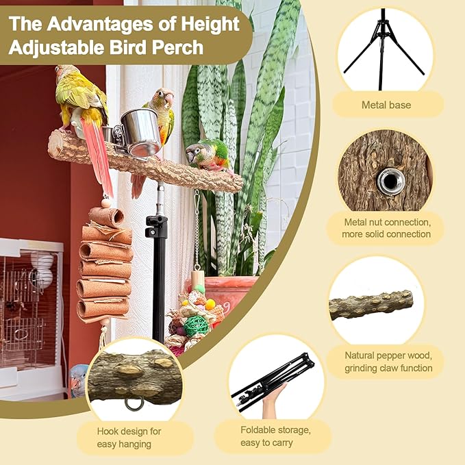 3-Layer 16-63 Inch Height Adjustable Bird Perch Pepper Wood Birds Training Perch Stand Parakeet Perches Indoor and Outdoor Parrot Stands for Small to Medium Bird