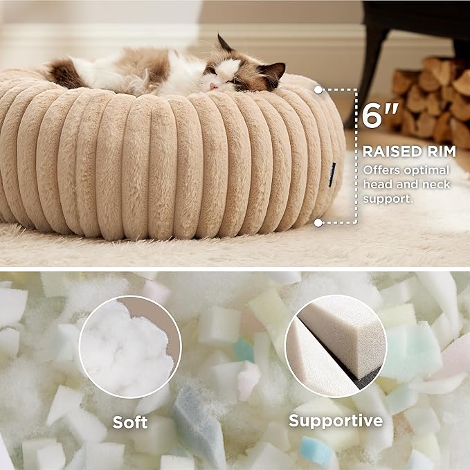 Bedsure ComfyFleece™ Cat beds for Indoor Cats - Donut Dog Beds for Small Dogs with Corduroy Fleece & Anti Slip Bottom, Faux Fur Pet Beds with Washable Removable Cover, Sandy Beige, 20x20x6 inches
