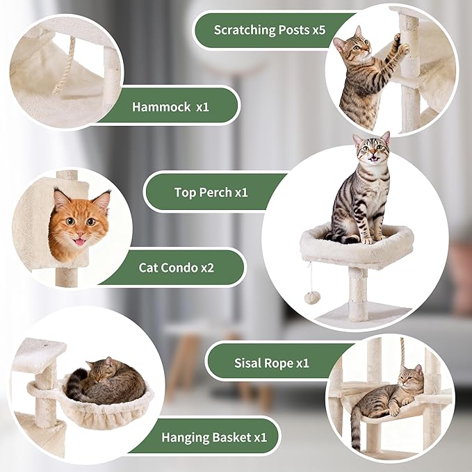 Cat Tree for Indoor Cats, 66 Inches Cat Tower with Scratching Post, Multi-Level Climbing Tree Cat House Padded Plush Perch, Cat Condo Activity Center with Pompoms, Kittens Pet Play House, Beige