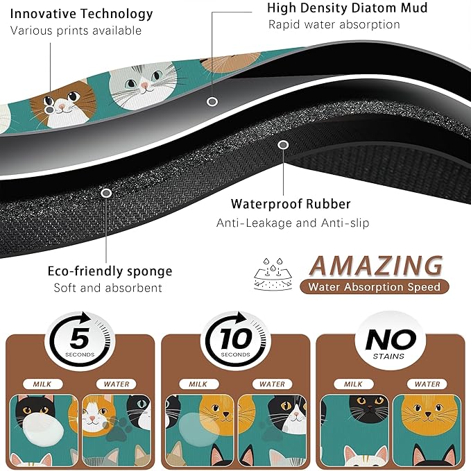 Cute Cat Dog Food Mat,Absorbent Pet Feeding Mat with Rubber Backing,Non-Slip Water Bowl Placemat,Indoor Pet Accessories Supplies 16"x24"