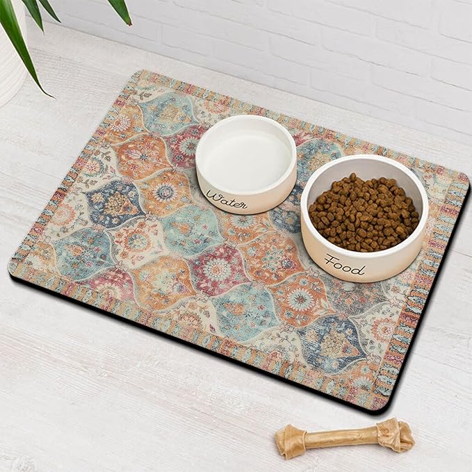 Moroccan Trellis Dog Food & Water Mat, Mexican Talavera Boho Colorful Pet Feeding Mat for Floor Non-Slip Waterproof, Super Absorbent Cat Bowl Mat, Easy to Clean Durable Pet Placemat,17" × 30"