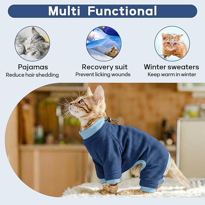 PUMYPOREITY Cat Recovery Suit, Stops Wound Licking After Surgery, Sticky Hair Shirt with Sticky Fabric, Cat Pajamas Prevents Over-Grooming, Blue, S