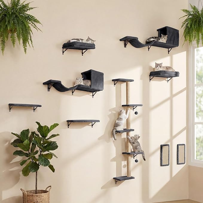 MEWANG 5-in-1 Cat Wall Shelves: Cat Climbing Furniture with Wall Mounted Perch & Lounge for Indoor Cats, Space-Saving Wall Pet Shelves for Play & Rest - Grey
